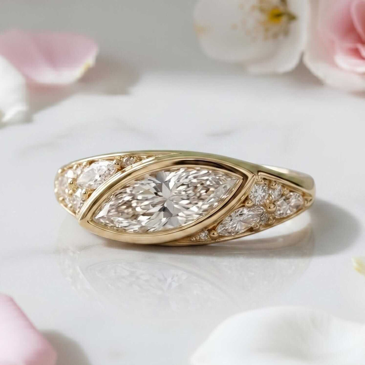 Unique Design Yellow Gold Bezel Marquise Cut White Sapphire Cocktail Ring For Women