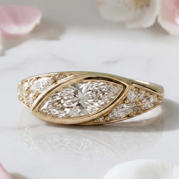 Unique Design Yellow Gold Bezel Marquise Cut White Sapphire Cocktail Ring For Women