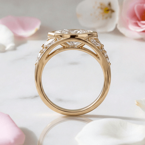 Unique Design Yellow Gold Bezel Marquise Cut White Sapphire Cocktail Ring For Women
