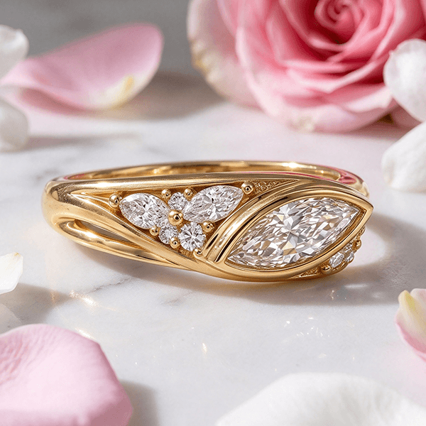 Unique Design Yellow Gold Bezel Marquise Cut White Sapphire Cocktail Ring For Women
