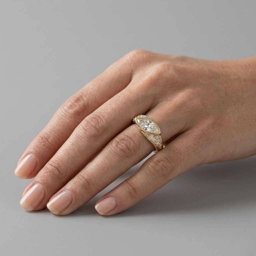 Unique Design Yellow Gold Bezel Marquise Cut White Sapphire Cocktail Ring For Women