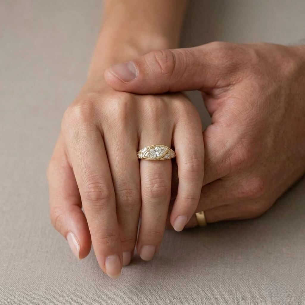 Unique Design Yellow Gold Bezel Marquise Cut White Sapphire Cocktail Ring For Women