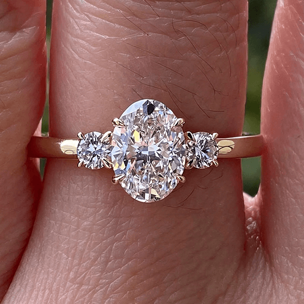 Classic Three Stone Yellow Gold Oval & Round Cut White Sapphire Engagement Ring