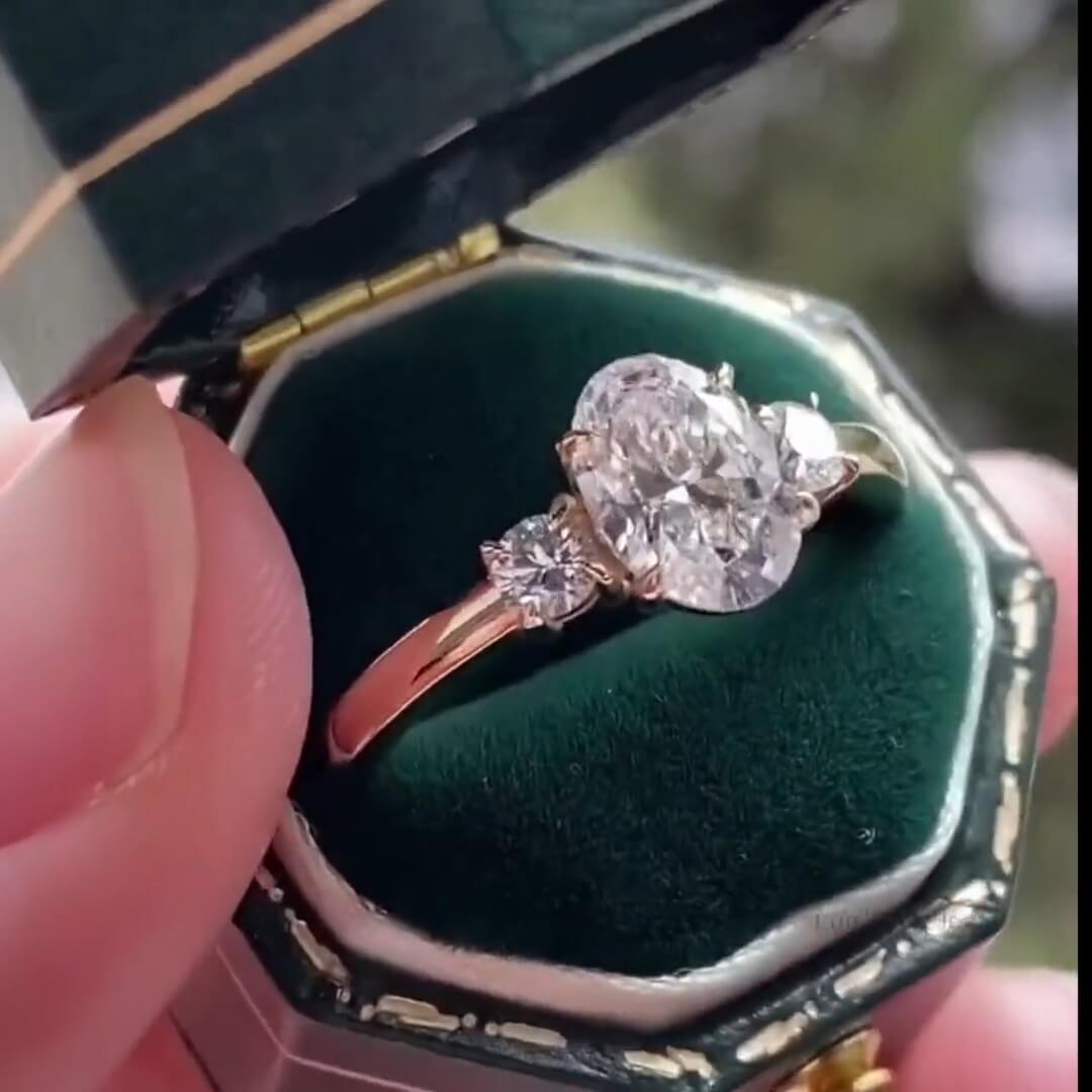 Classic Three Stone Yellow Gold Oval & Round Cut White Sapphire Engagement Ring
