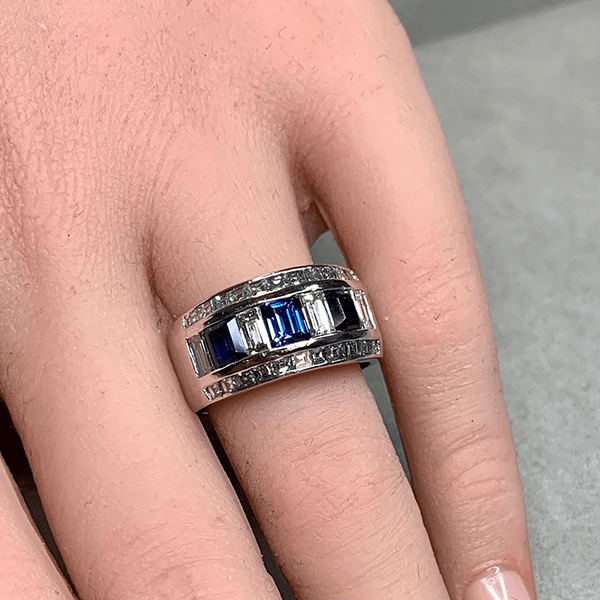 Luxury Jewelry Bezel Asscher & Baguette Cut Blue & White Sapphire Half Eternity Wedding Band For Women