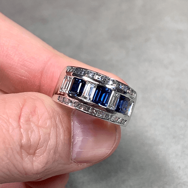 Luxury Jewelry Bezel Asscher & Baguette Cut Blue & White Sapphire Half Eternity Wedding Band For Women