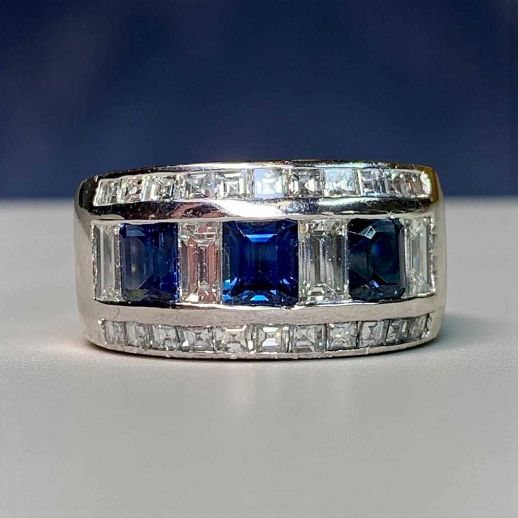 Luxury Jewelry Bezel Asscher & Baguette Cut Blue & White Sapphire Half Eternity Wedding Band For Women