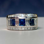 Luxury Jewelry Bezel Asscher & Baguette Cut Blue & White Sapphire Half Eternity Wedding Band For Women