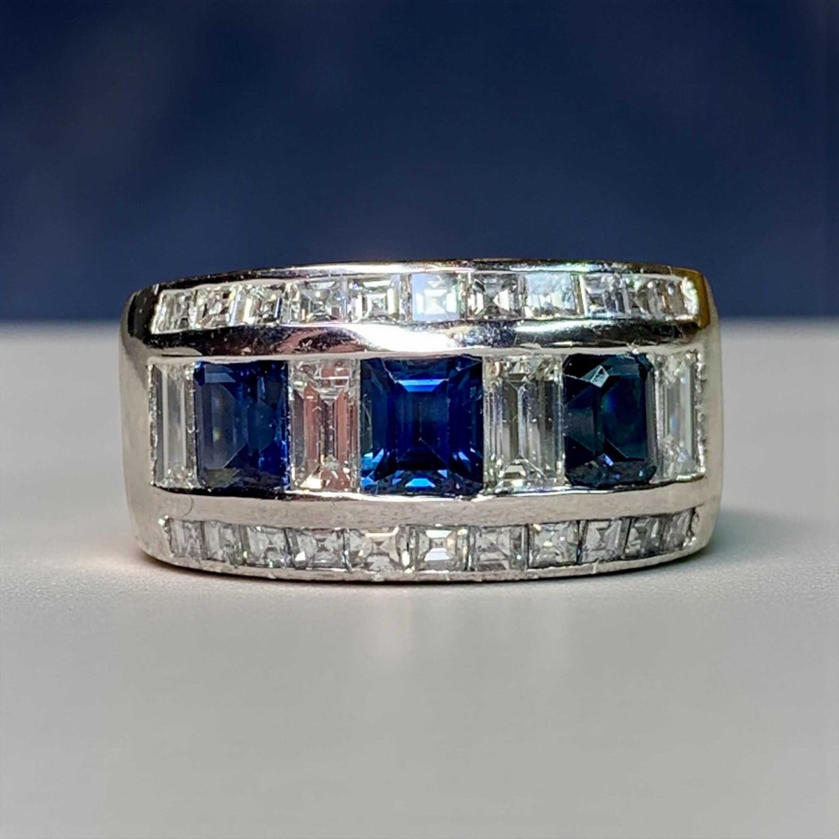 Luxury Jewelry Bezel Asscher & Baguette Cut Blue & White Sapphire Half Eternity Wedding Band For Women