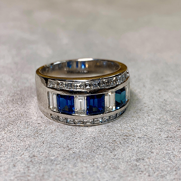 Luxury Jewelry Bezel Asscher & Baguette Cut Blue & White Sapphire Half Eternity Wedding Band For Women