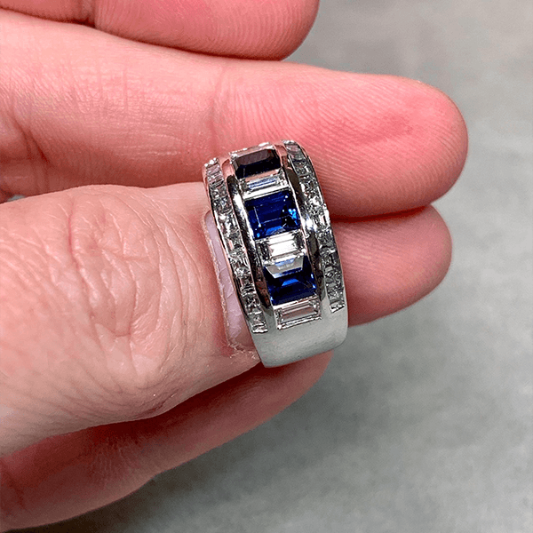 Luxury Jewelry Bezel Asscher & Baguette Cut Blue & White Sapphire Half Eternity Wedding Band For Women