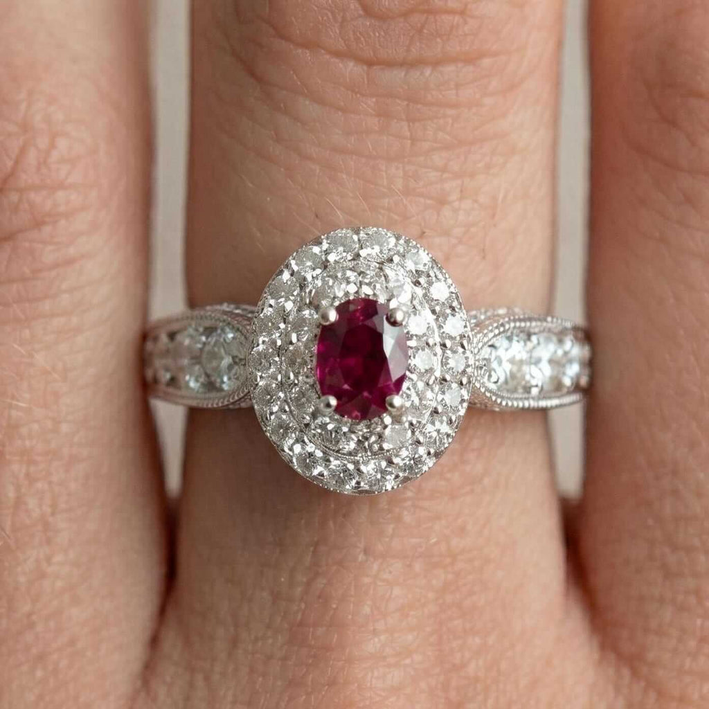 Vintage Double Halo Oval Cut Ruby & White Sapphire Engagement Ring