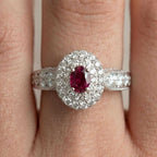 Vintage Double Halo Oval Cut Ruby & White Sapphire Engagement Ring