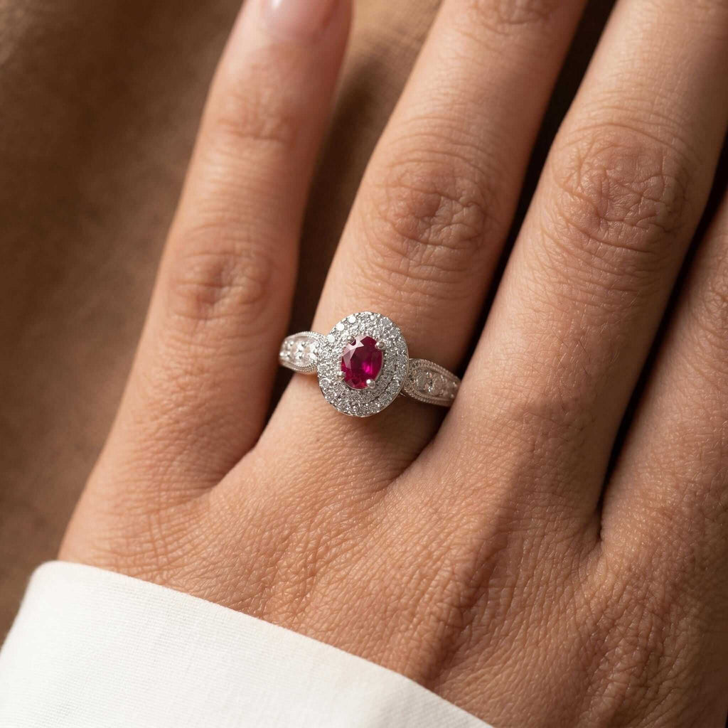 Vintage Double Halo Oval Cut Ruby & White Sapphire Engagement Ring