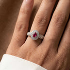 Vintage Double Halo Oval Cut Ruby & White Sapphire Engagement Ring