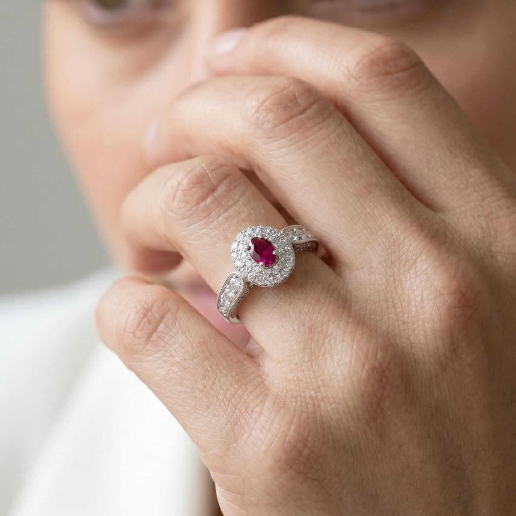 Vintage Double Halo Oval Cut Ruby & White Sapphire Engagement Ring