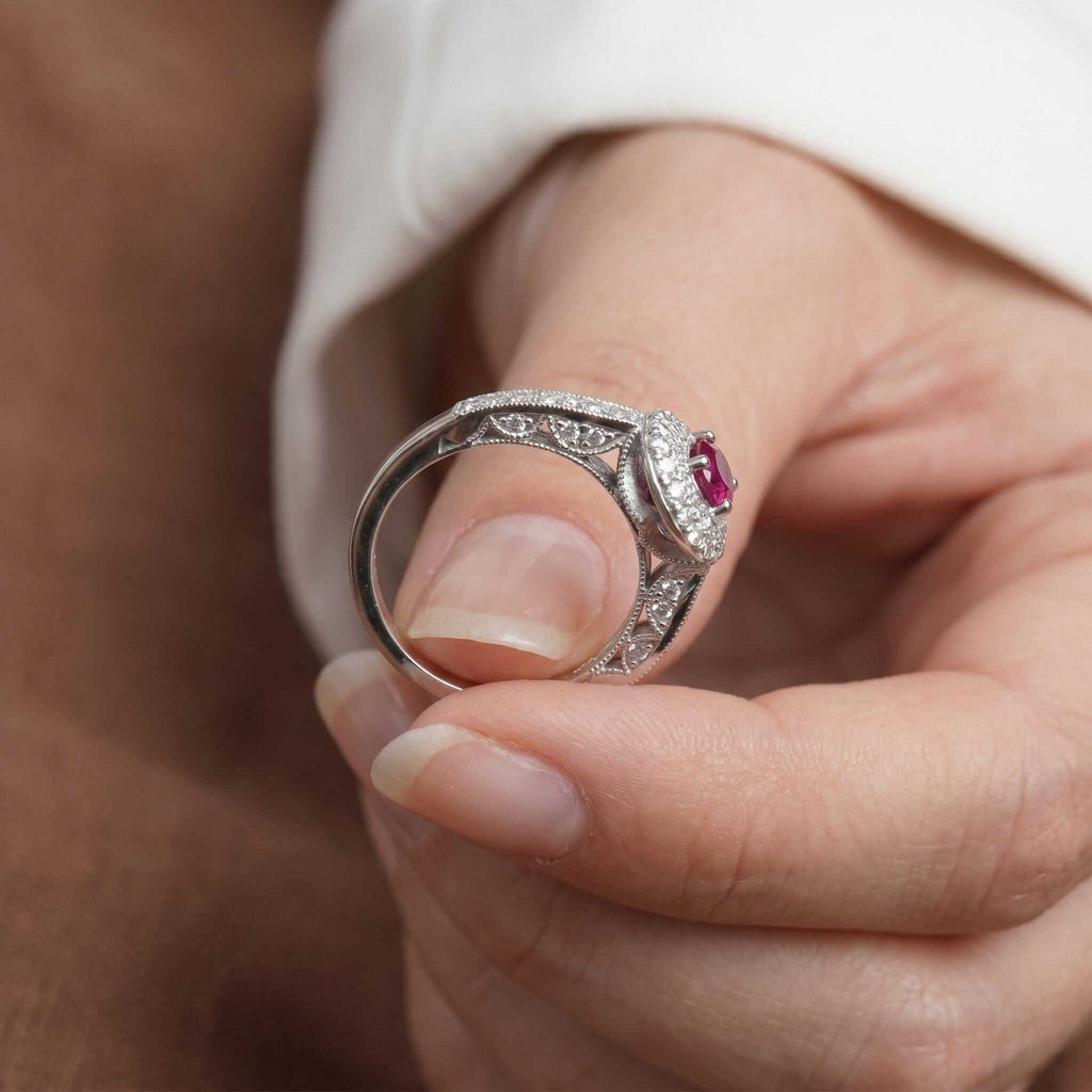 Vintage Double Halo Oval Cut Ruby & White Sapphire Engagement Ring