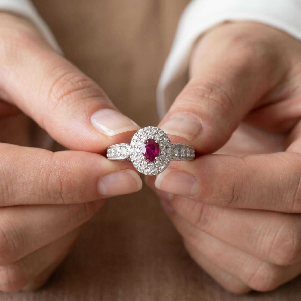 Vintage Double Halo Oval Cut Ruby & White Sapphire Engagement Ring