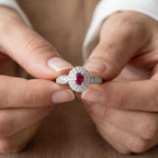 Vintage Double Halo Oval Cut Ruby & White Sapphire Engagement Ring