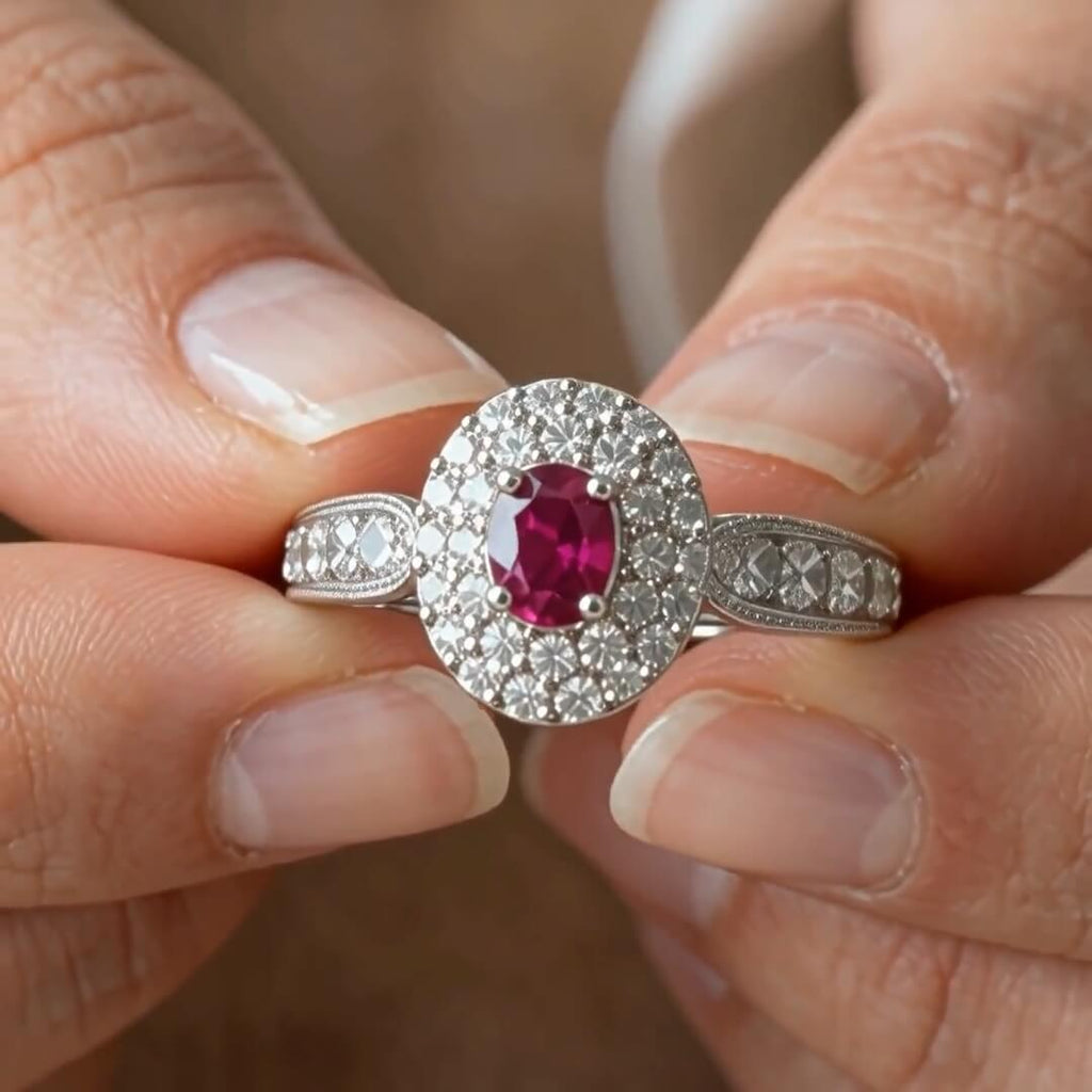 Vintage Double Halo Oval Cut Ruby & White Sapphire Engagement Ring