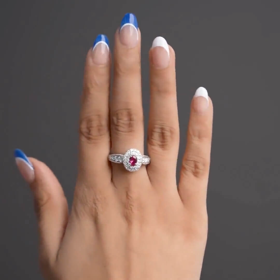 Vintage Double Halo Oval Cut Ruby & White Sapphire Engagement Ring