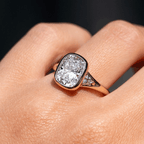 Luxury Jewelry Three Stone Yellow Gold Bezel Cushion Cut White Sapphire Engagement Ring