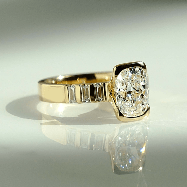 Half Bezel Yellow Gold Cushion & Baguette Cut White Sapphire Engagement Ring
