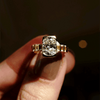 Half Bezel Yellow Gold Cushion & Baguette Cut White Sapphire Engagement Ring