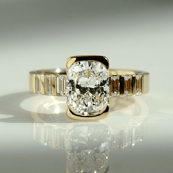 Half Bezel Yellow Gold Cushion & Baguette Cut White Sapphire Engagement Ring
