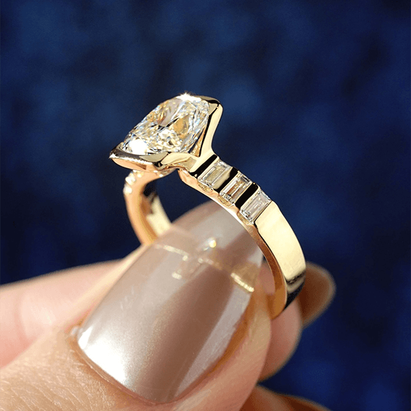 Half Bezel Yellow Gold Cushion & Baguette Cut White Sapphire Engagement Ring
