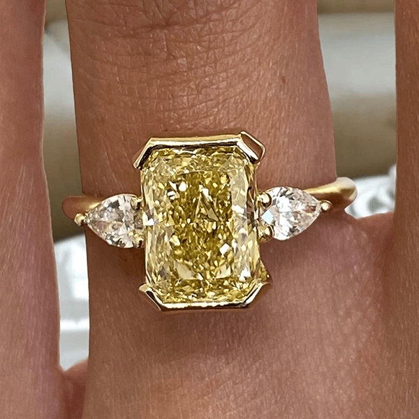 Three Stone Half Bezel Yellow Gold Radiant Cut Canary Sapphire Engagement Ring
