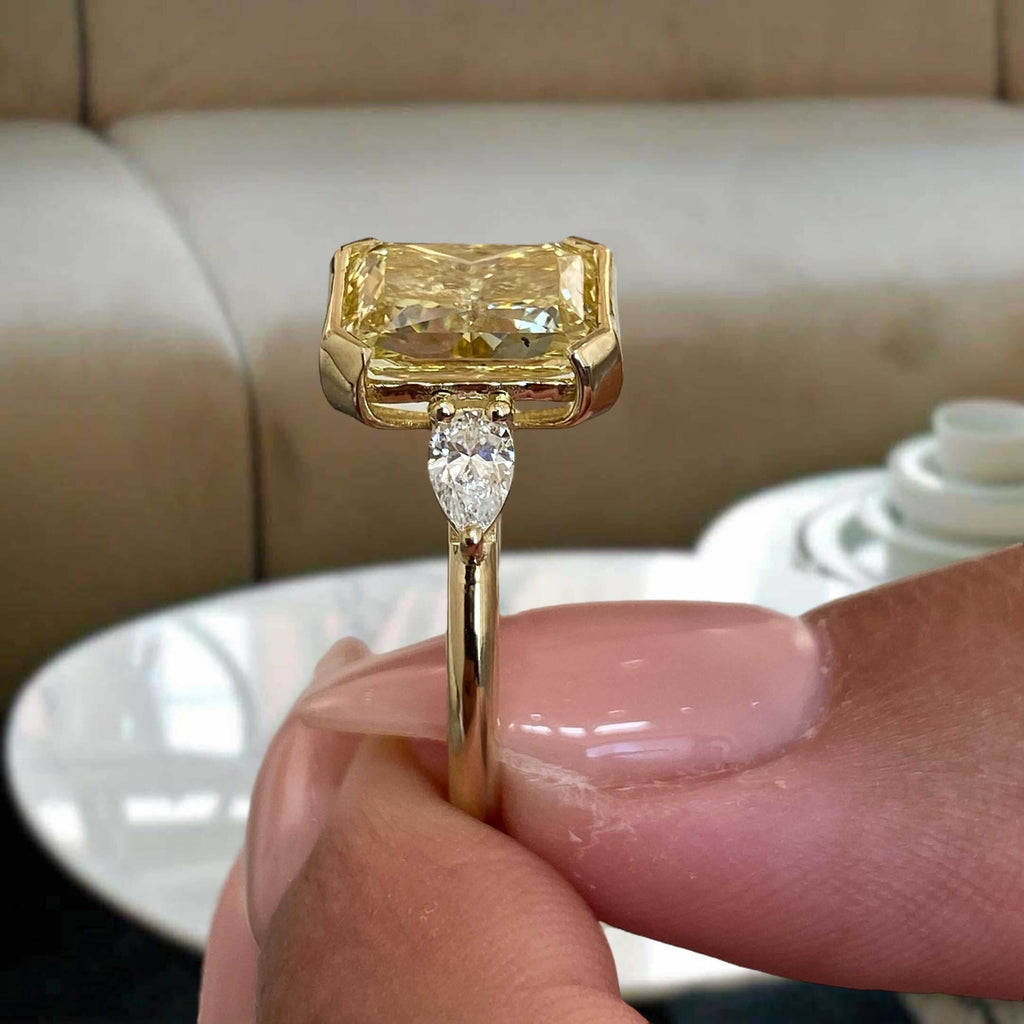 Three Stone Half Bezel Yellow Gold Radiant Cut Canary Sapphire Engagement Ring