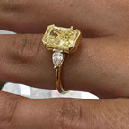 Three Stone Half Bezel Yellow Gold Radiant Cut Canary Sapphire Engagement Ring
