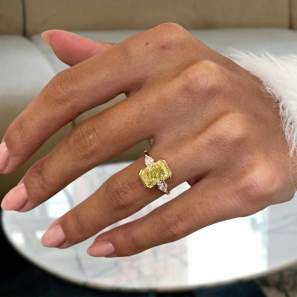 Three Stone Half Bezel Yellow Gold Radiant Cut Canary Sapphire Engagement Ring