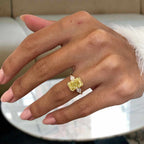 Three Stone Half Bezel Yellow Gold Radiant Cut Canary Sapphire Engagement Ring