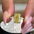 Three Stone Half Bezel Yellow Gold Radiant Cut Canary Sapphire Engagement Ring