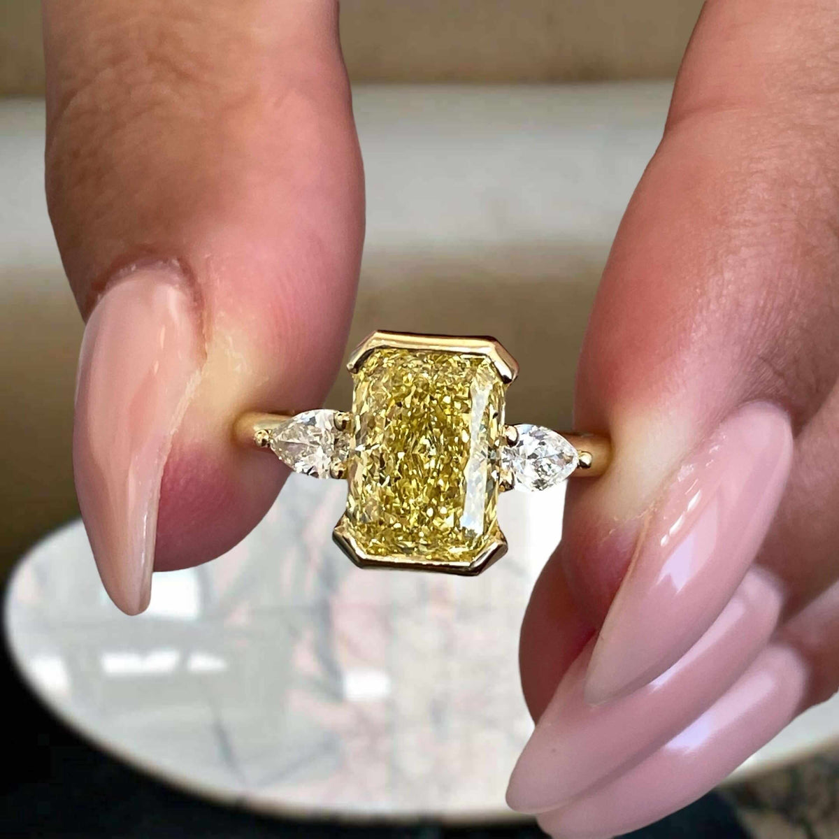 Three Stone Half Bezel Yellow Gold Radiant Cut Canary Sapphire Engagement Ring