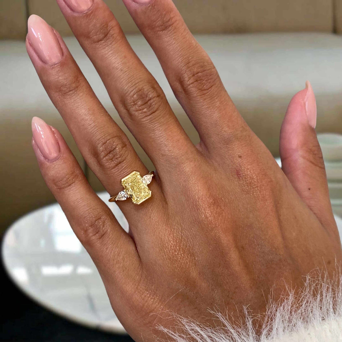 Three Stone Half Bezel Yellow Gold Radiant Cut Canary Sapphire Engagement Ring