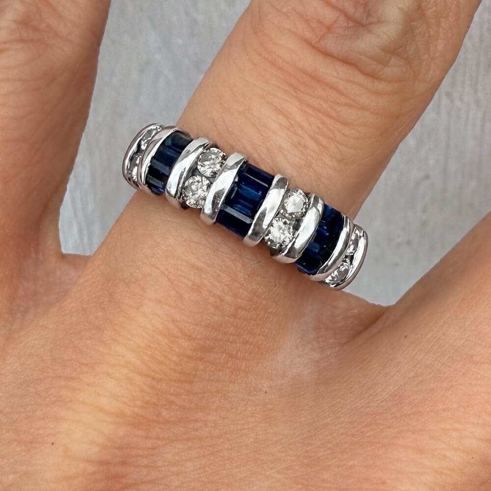 Vintage Baguette & Round Cut Blue & White Sapphire Half Eternity Wedding Band For Women