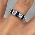 Vintage Baguette & Round Cut Blue & White Sapphire Half Eternity Wedding Band For Women