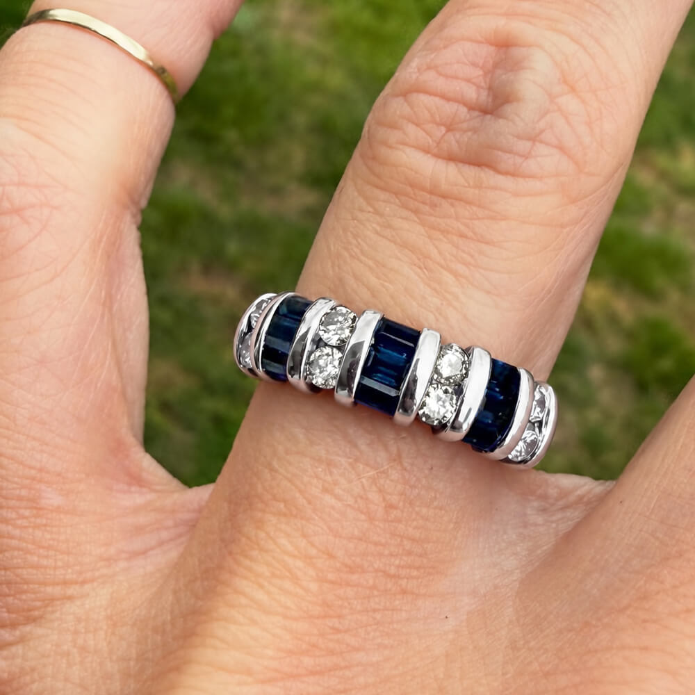 Vintage Baguette & Round Cut Blue & White Sapphire Half Eternity Wedding Band For Women