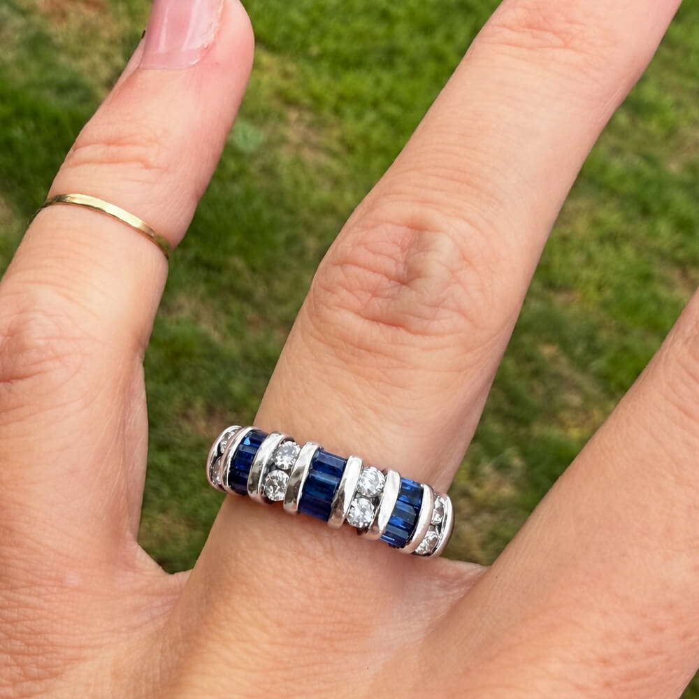 Vintage Baguette & Round Cut Blue & White Sapphire Half Eternity Wedding Band For Women