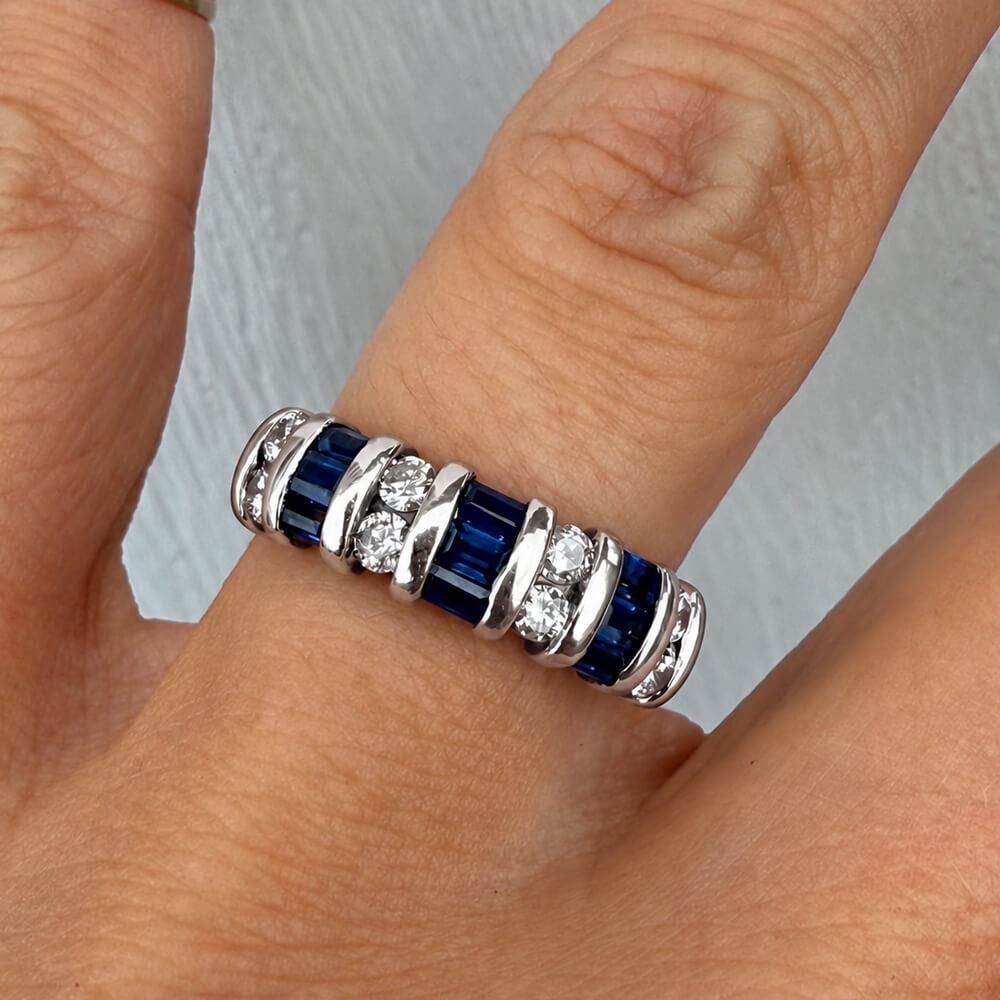 Vintage Baguette & Round Cut Blue & White Sapphire Half Eternity Wedding Band For Women