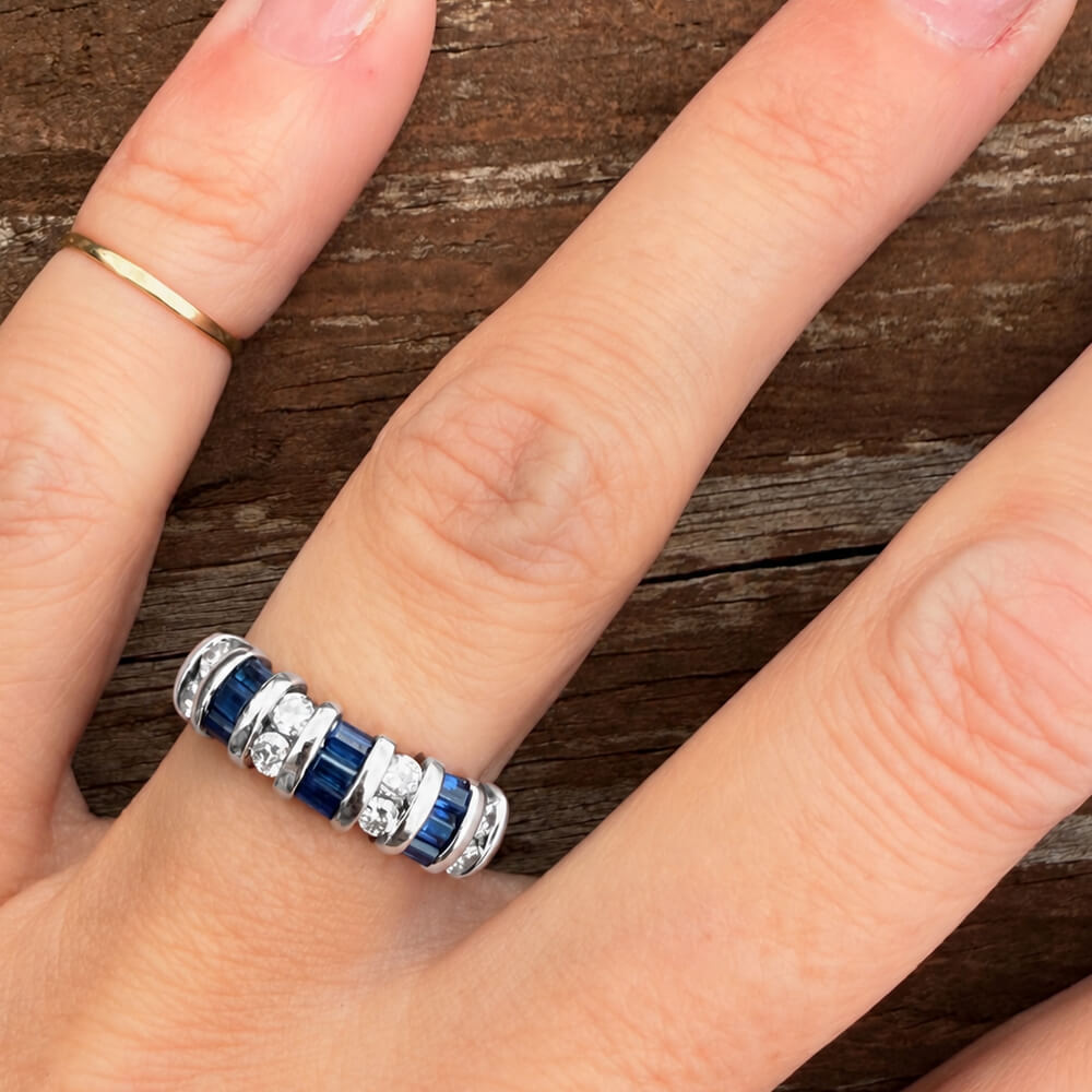 Vintage Baguette & Round Cut Blue & White Sapphire Half Eternity Wedding Band For Women