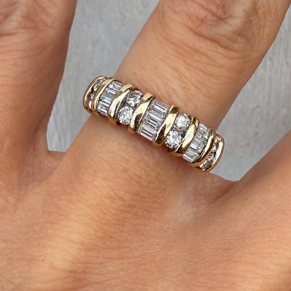 Vintage Yellow Gold Baguette & Round Cut White Sapphire Half Eternity Wedding Band For Women