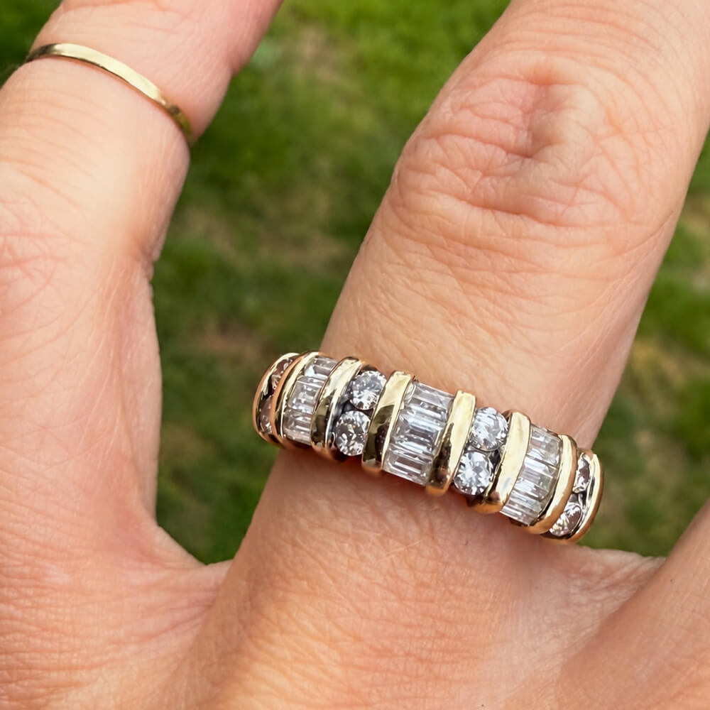 Vintage Yellow Gold Baguette & Round Cut White Sapphire Half Eternity Wedding Band For Women