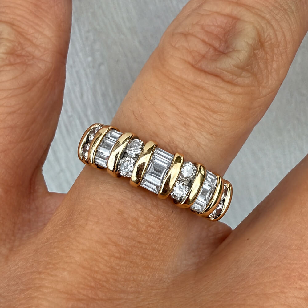 Vintage Yellow Gold Baguette & Round Cut White Sapphire Half Eternity Wedding Band For Women