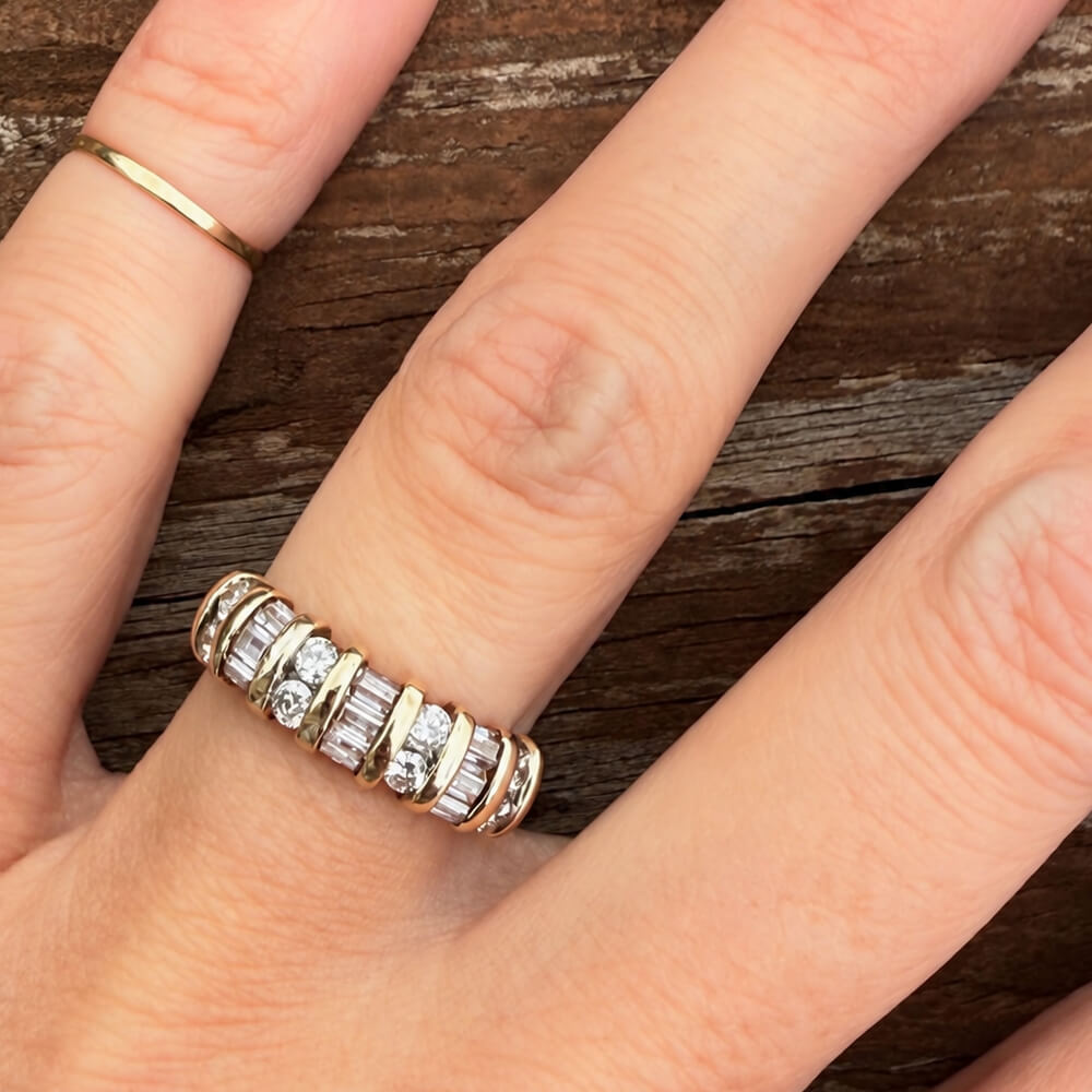 Vintage Yellow Gold Baguette & Round Cut White Sapphire Half Eternity Wedding Band For Women