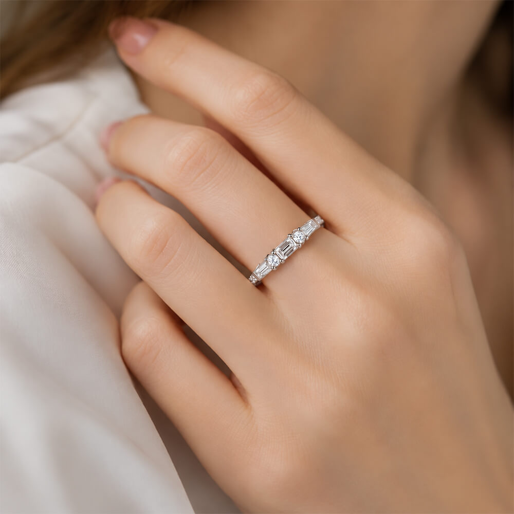 Classic Baguette & Round Cut White Half Eternity Wedding Band For Women