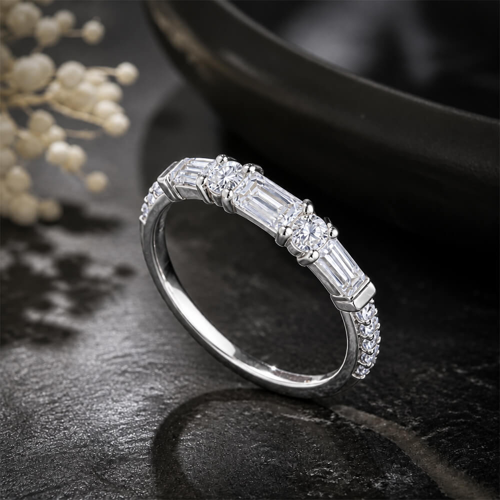 Classic Baguette & Round Cut White Half Eternity Wedding Band For Women